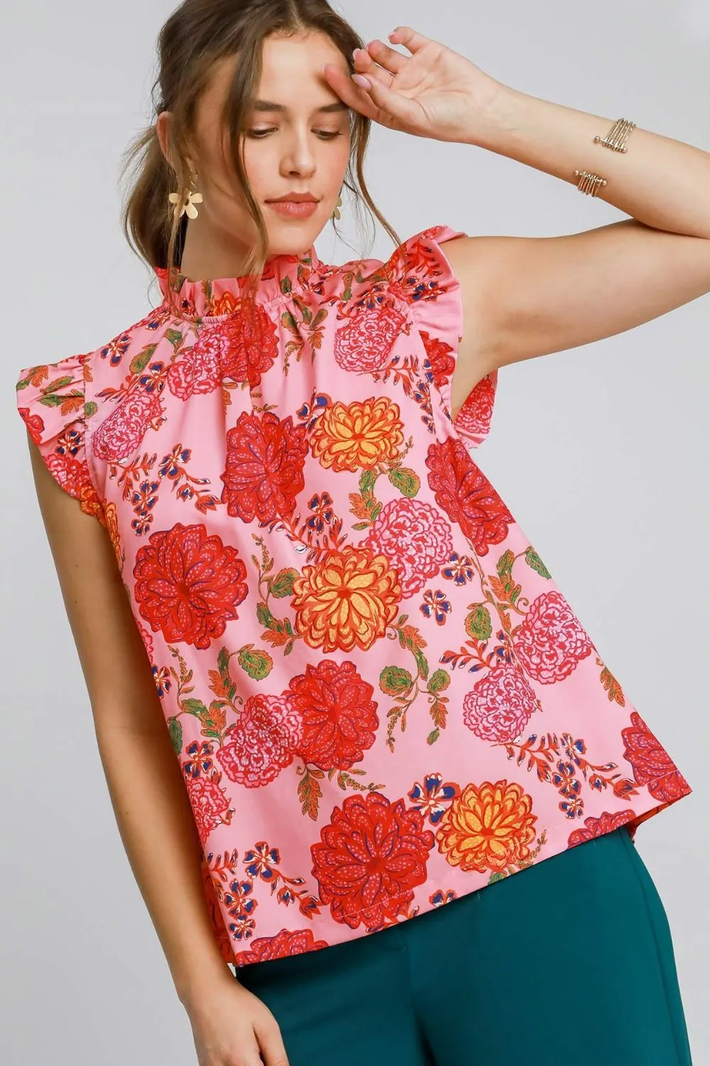Umgee Floral Print Ruffled Cap Sleeve Blouse