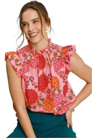 Umgee Floral Print Ruffled Cap Sleeve Blouse