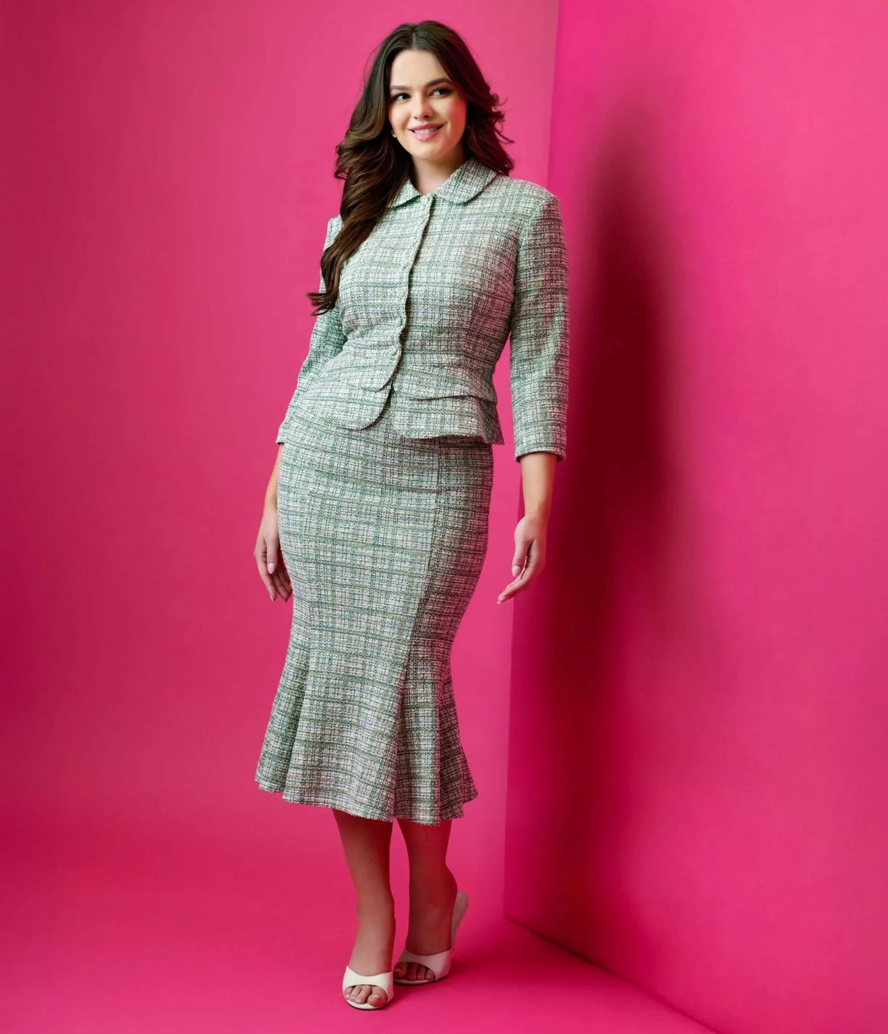 Unique Vintage 1940s Green Plaid Boucle Trumpet Skirt