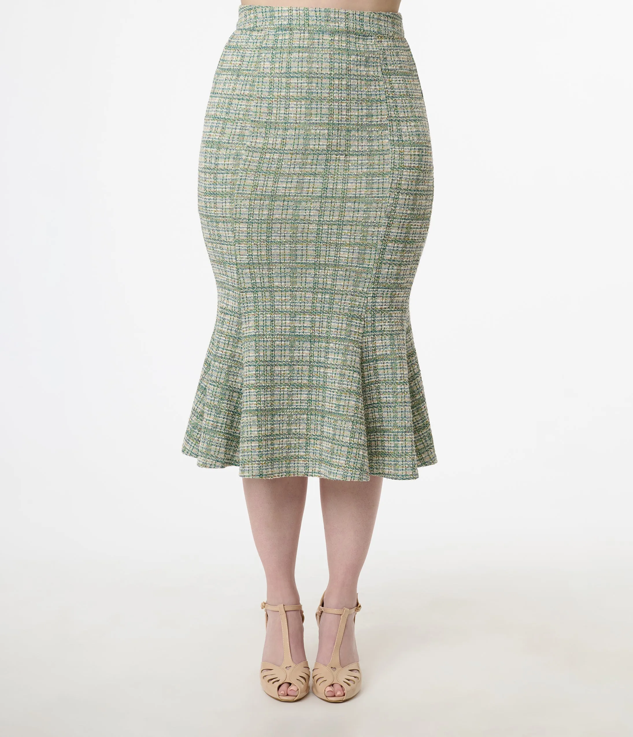 Unique Vintage 1940s Green Plaid Boucle Trumpet Skirt
