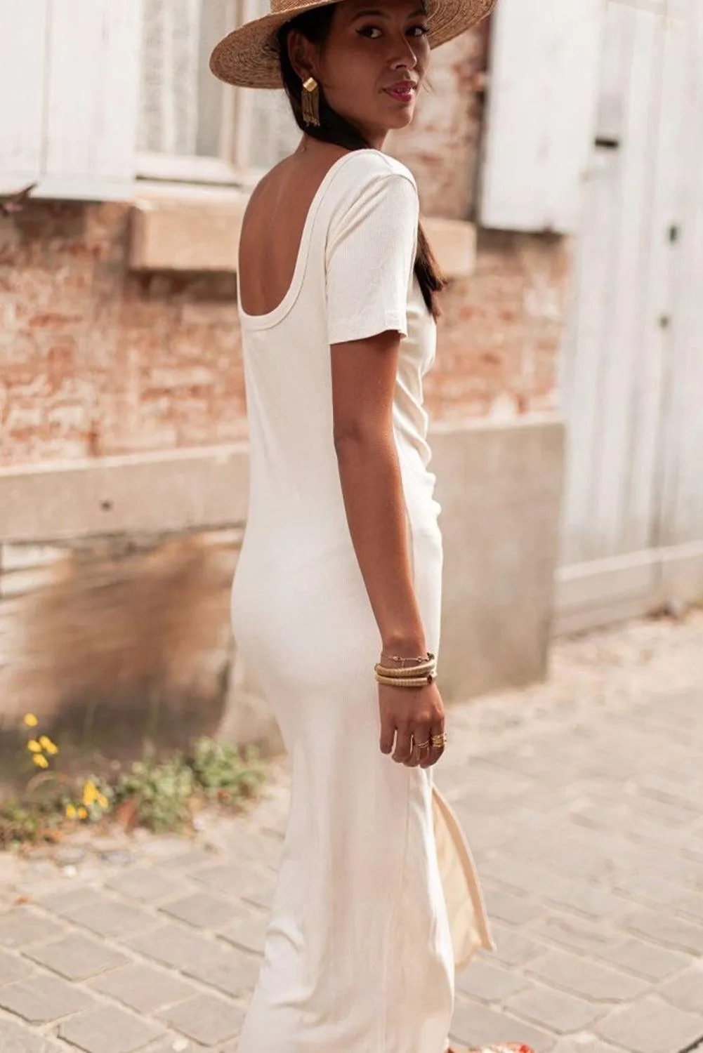 V Neck Ruched Button T-shirt Dress