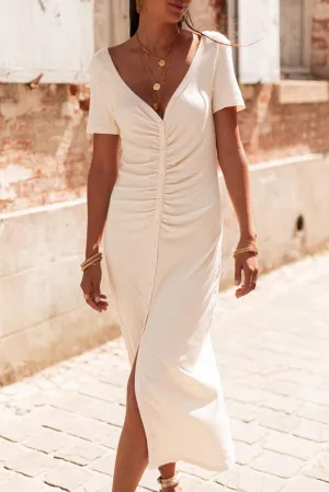 V Neck Ruched Button T-shirt Dress