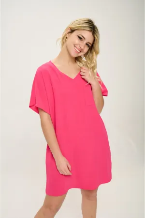 V Neck Short Sleeves Crinkle Woven T Shirt Dress