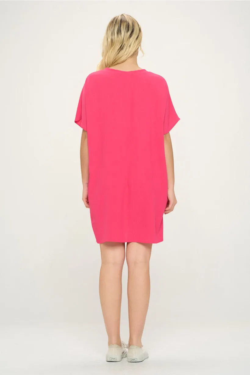 V Neck Short Sleeves Crinkle Woven T Shirt Dress
