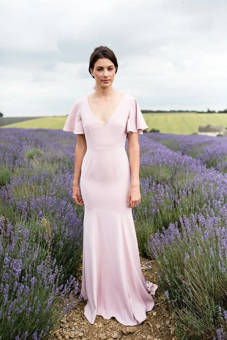 V-neckline Pale Pink Prom Dress with Sleeves