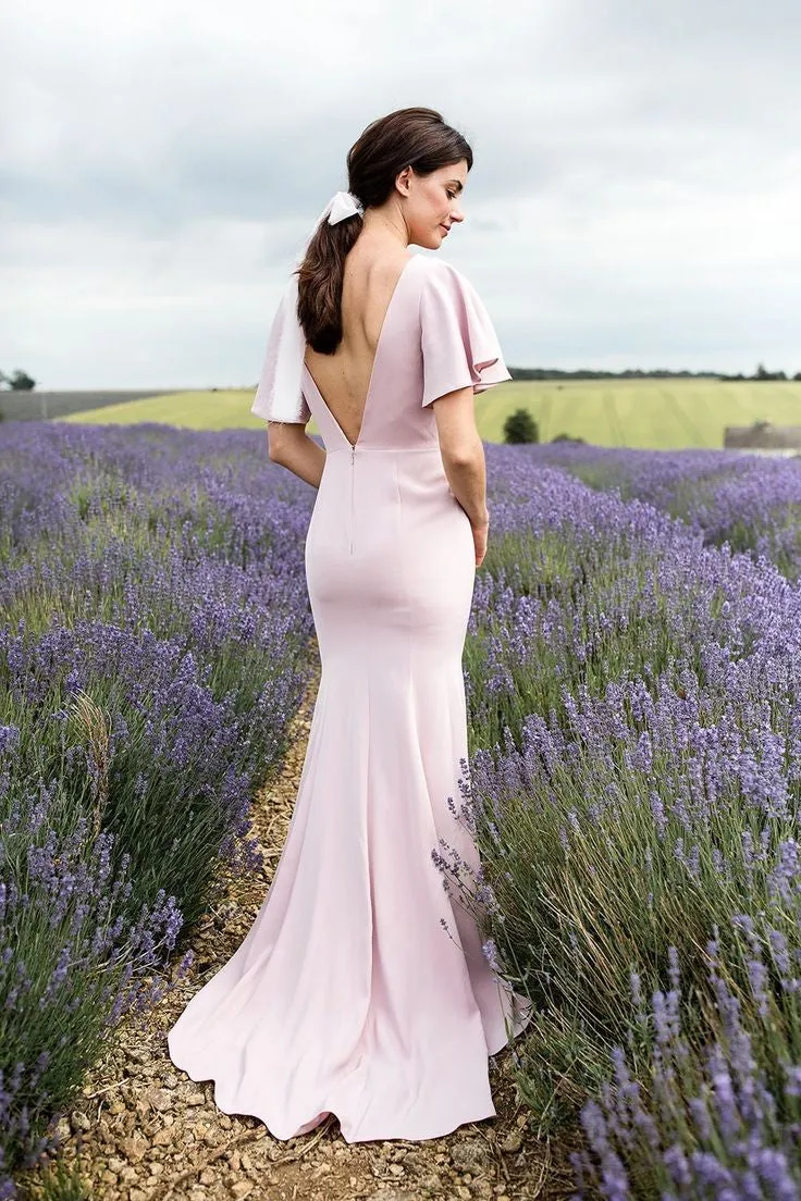 V-neckline Pale Pink Prom Dress with Sleeves