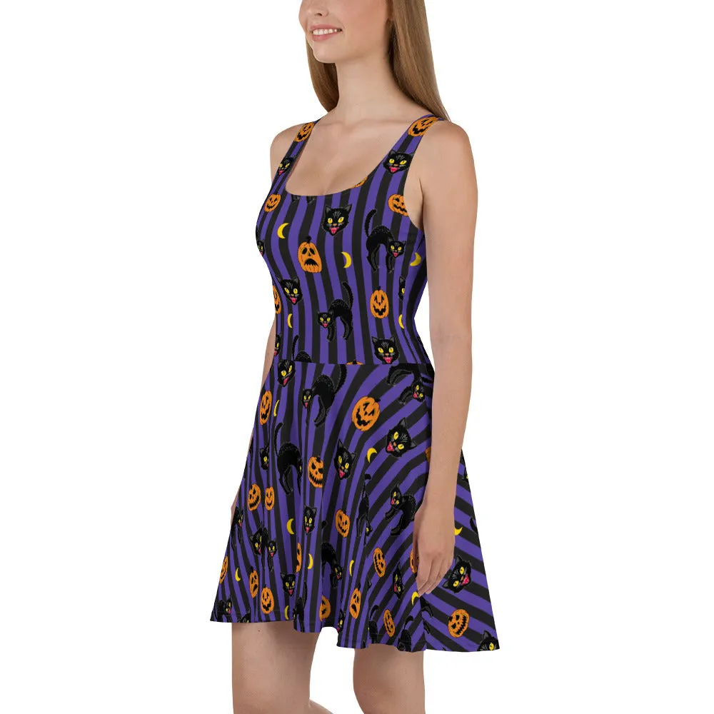 Vintage Black Cat Halloween Skater Dress