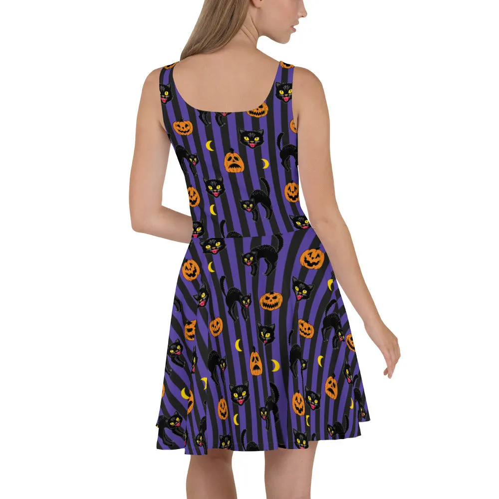 Vintage Black Cat Halloween Skater Dress