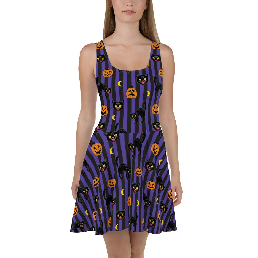 Vintage Black Cat Halloween Skater Dress