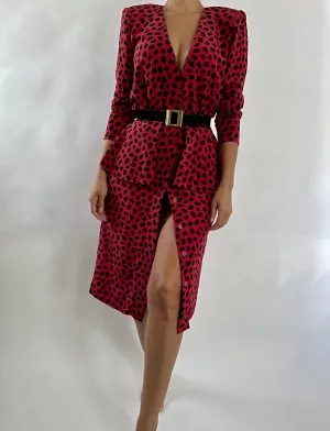 VINTAGE RED PRINTED LONG SLEEVE BUTTON COCKTAIL DRESS - SIZE S/M