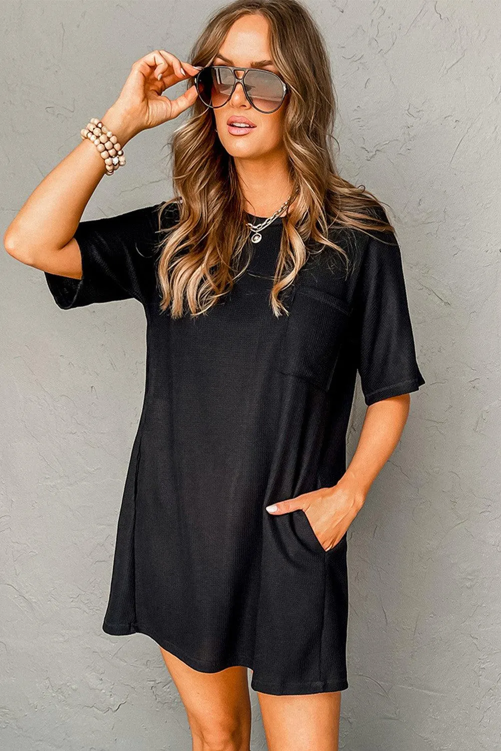 Waffle Knit Tee Dress with Pockets