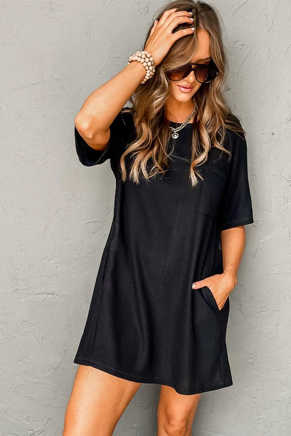 Waffle Knit Tee Dress with Pockets
