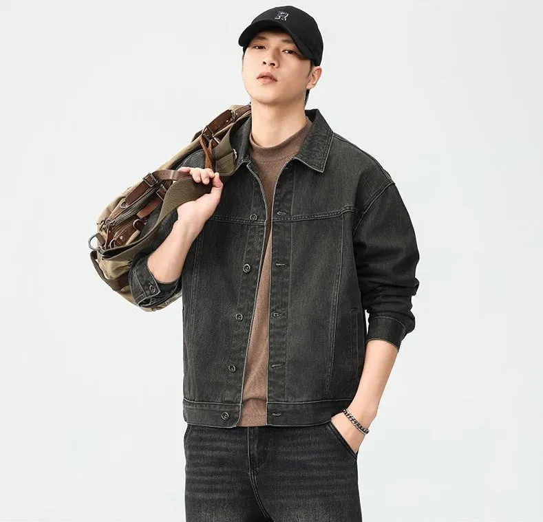Washed Cotton Button-Up Trucker Jacket for Men