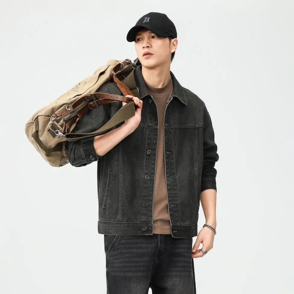 Washed Cotton Button-Up Trucker Jacket for Men