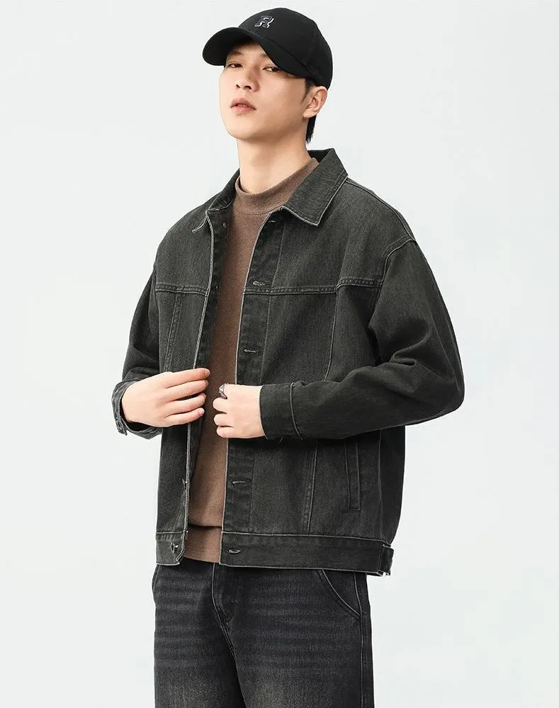 Washed Cotton Button-Up Trucker Jacket for Men