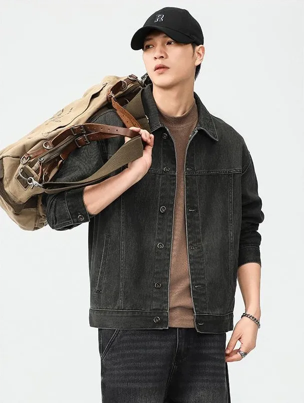 Washed Cotton Button-Up Trucker Jacket for Men
