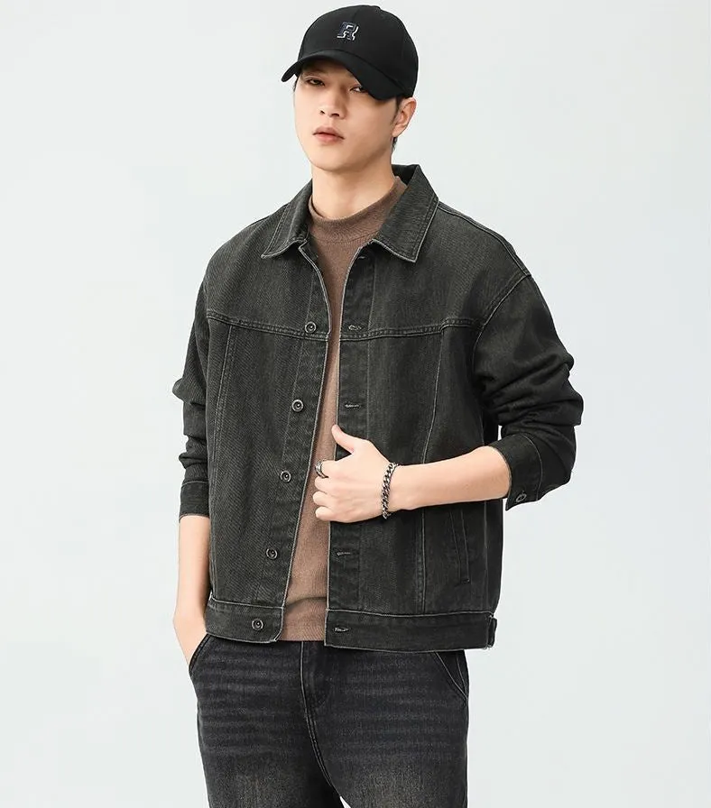 Washed Cotton Button-Up Trucker Jacket for Men