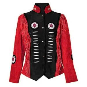 Western Fringe Suede Leather Bone Beaded Jacket for Women WFJ1007
