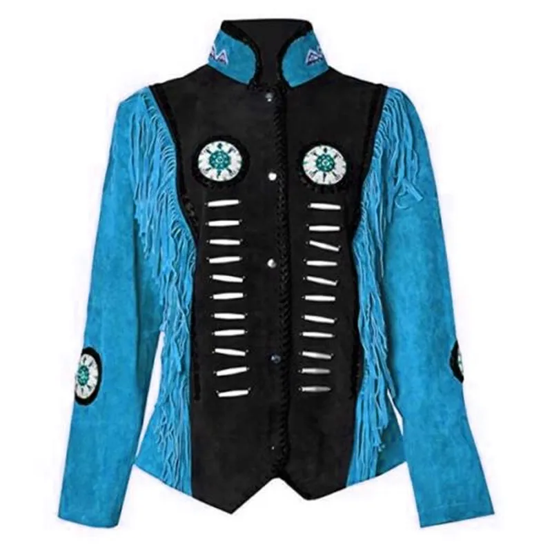 Western Fringe Suede Leather Bone Beaded Jacket for Women WFJ1007