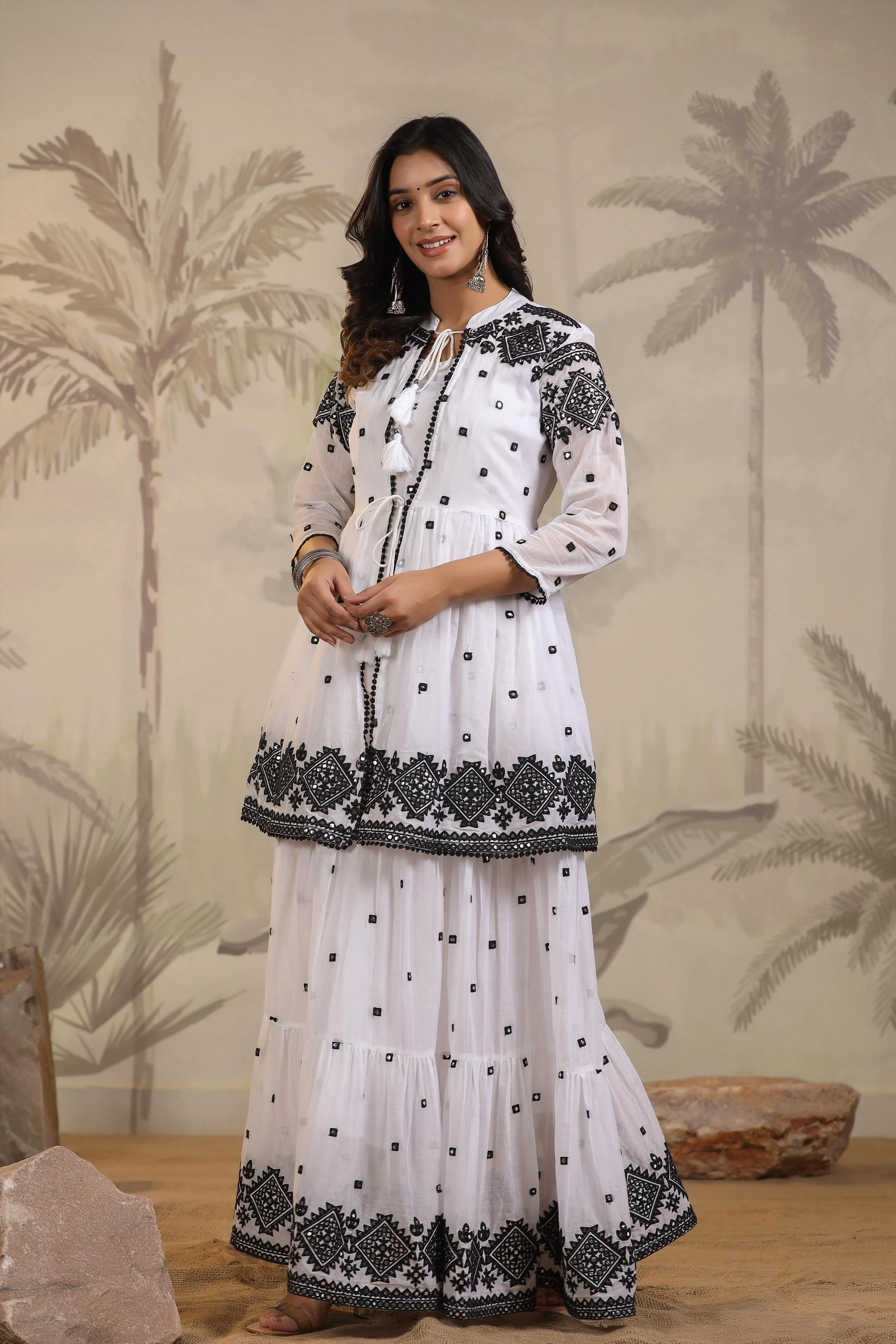 White-Black Mulmul Mirror Embroidered Tiered Dress With Shrug