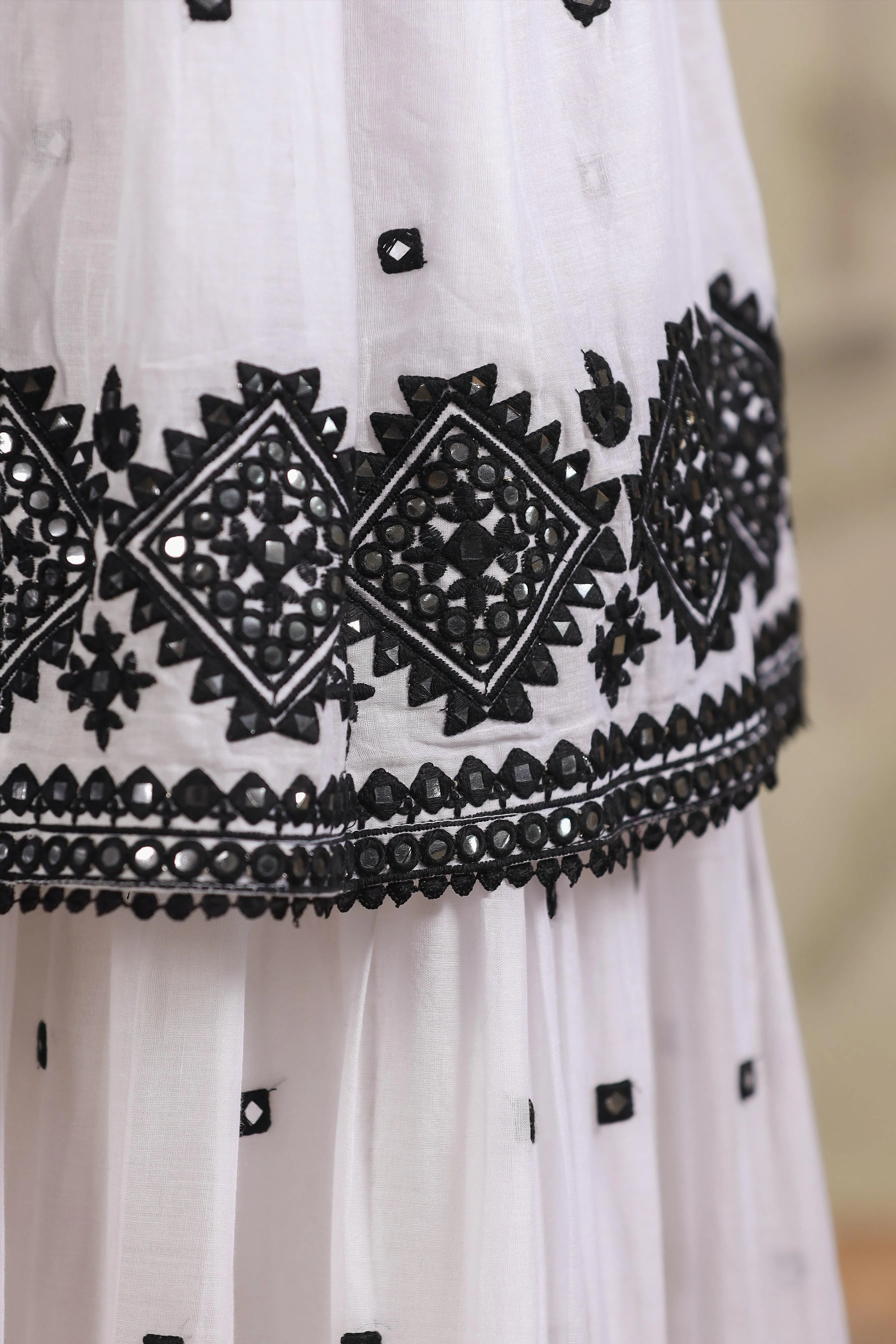 White-Black Mulmul Mirror Embroidered Tiered Dress With Shrug