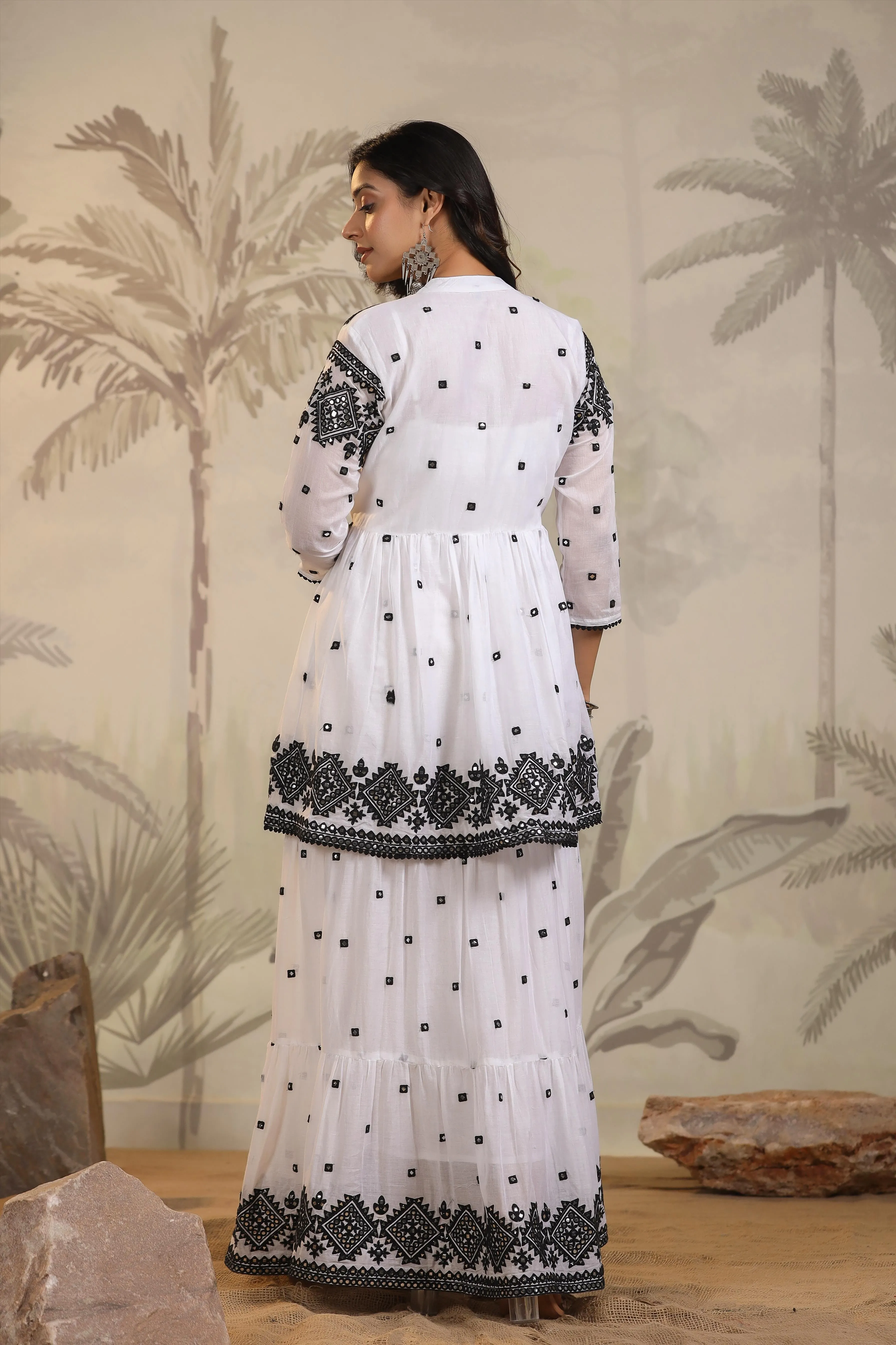 White-Black Mulmul Mirror Embroidered Tiered Dress With Shrug
