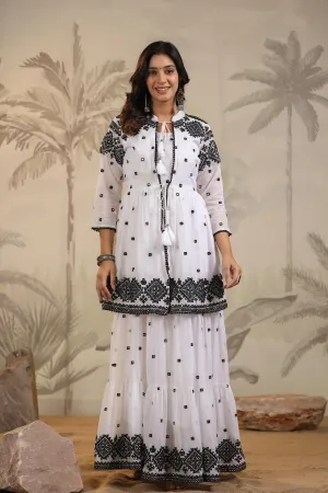 White-Black Mulmul Mirror Embroidered Tiered Dress With Shrug
