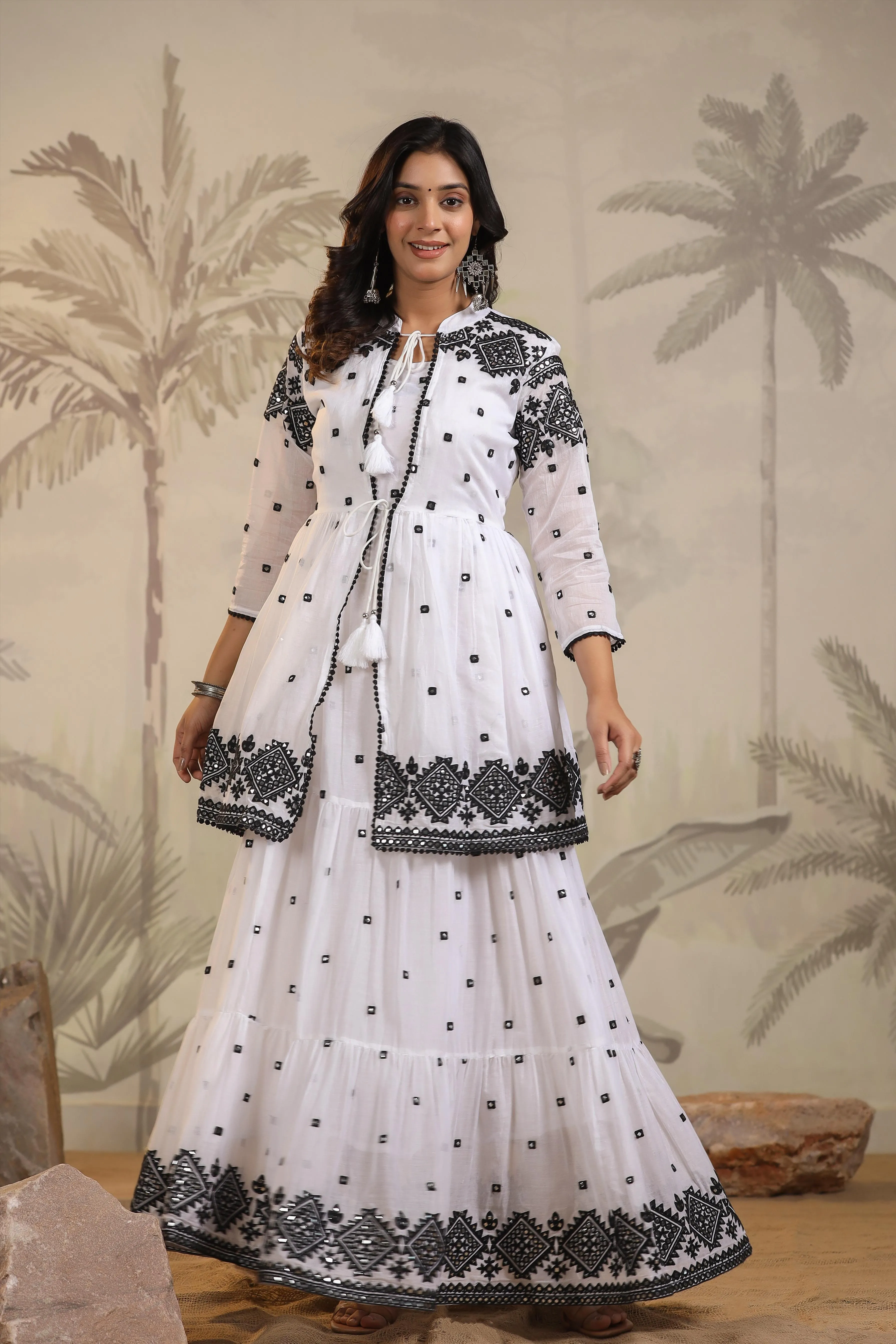 White-Black Mulmul Mirror Embroidered Tiered Dress With Shrug
