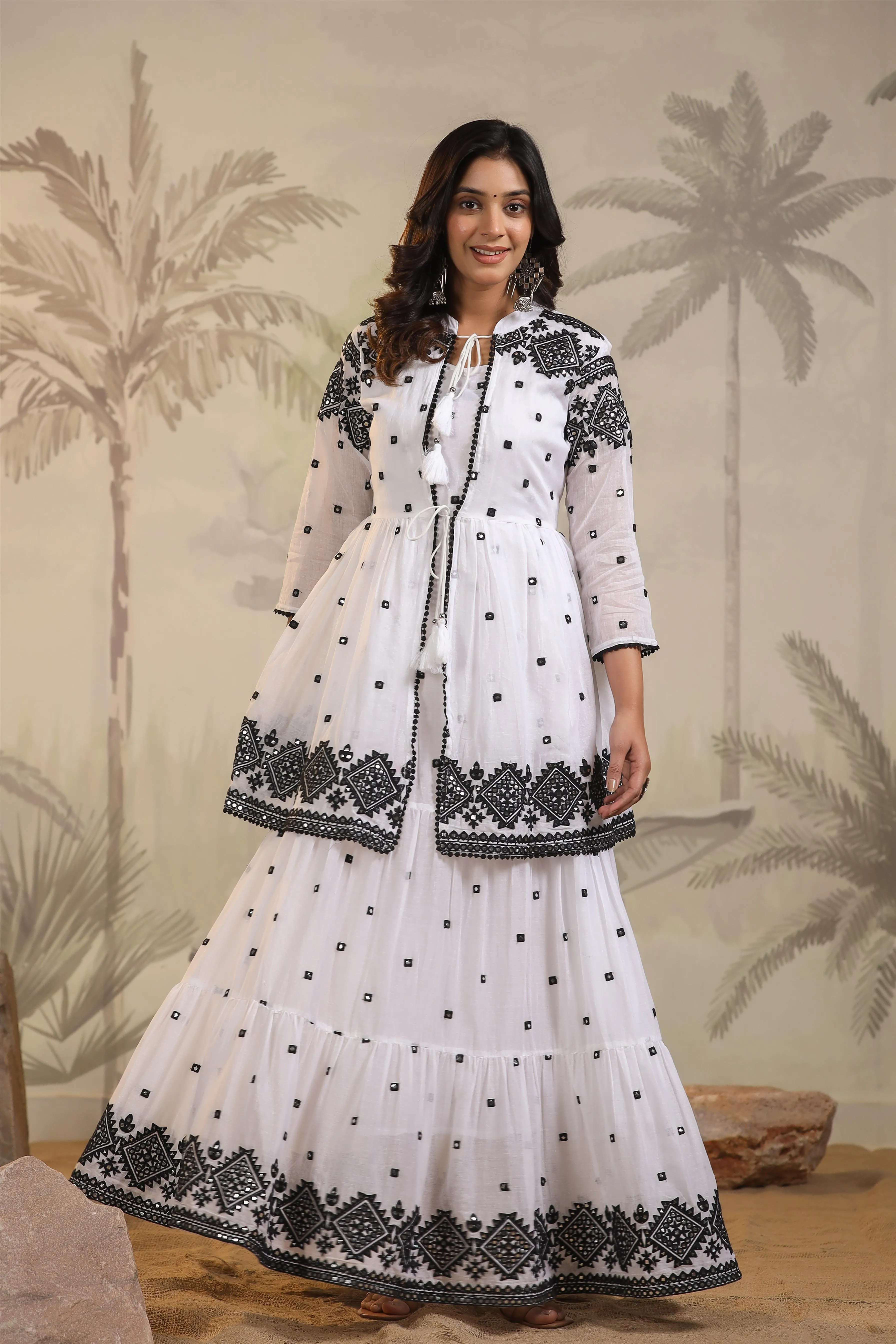 White-Black Mulmul Mirror Embroidered Tiered Dress With Shrug