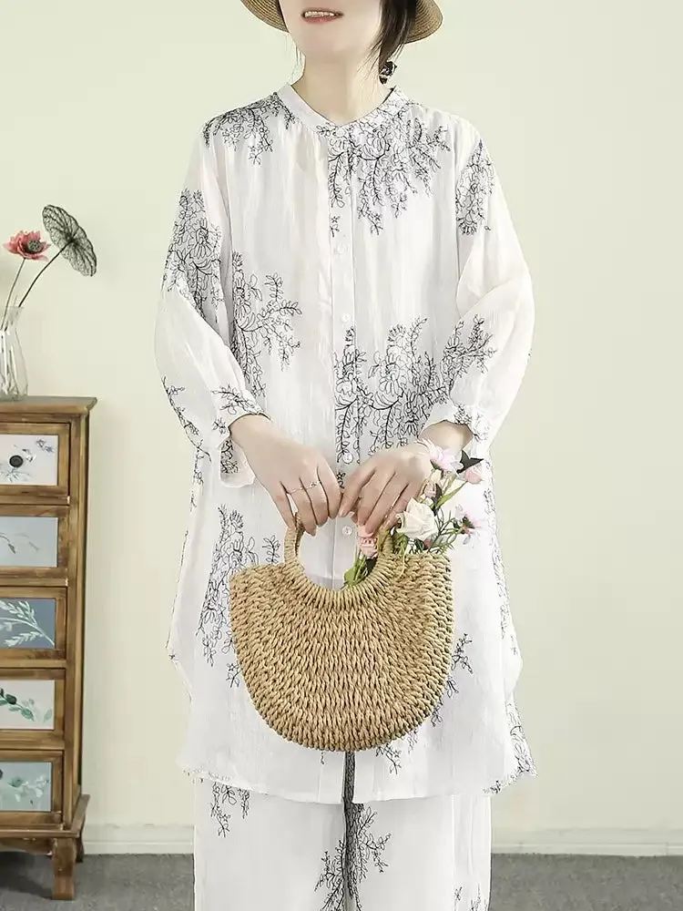 Women Artsy Spring Flower Stand Collar Shirt