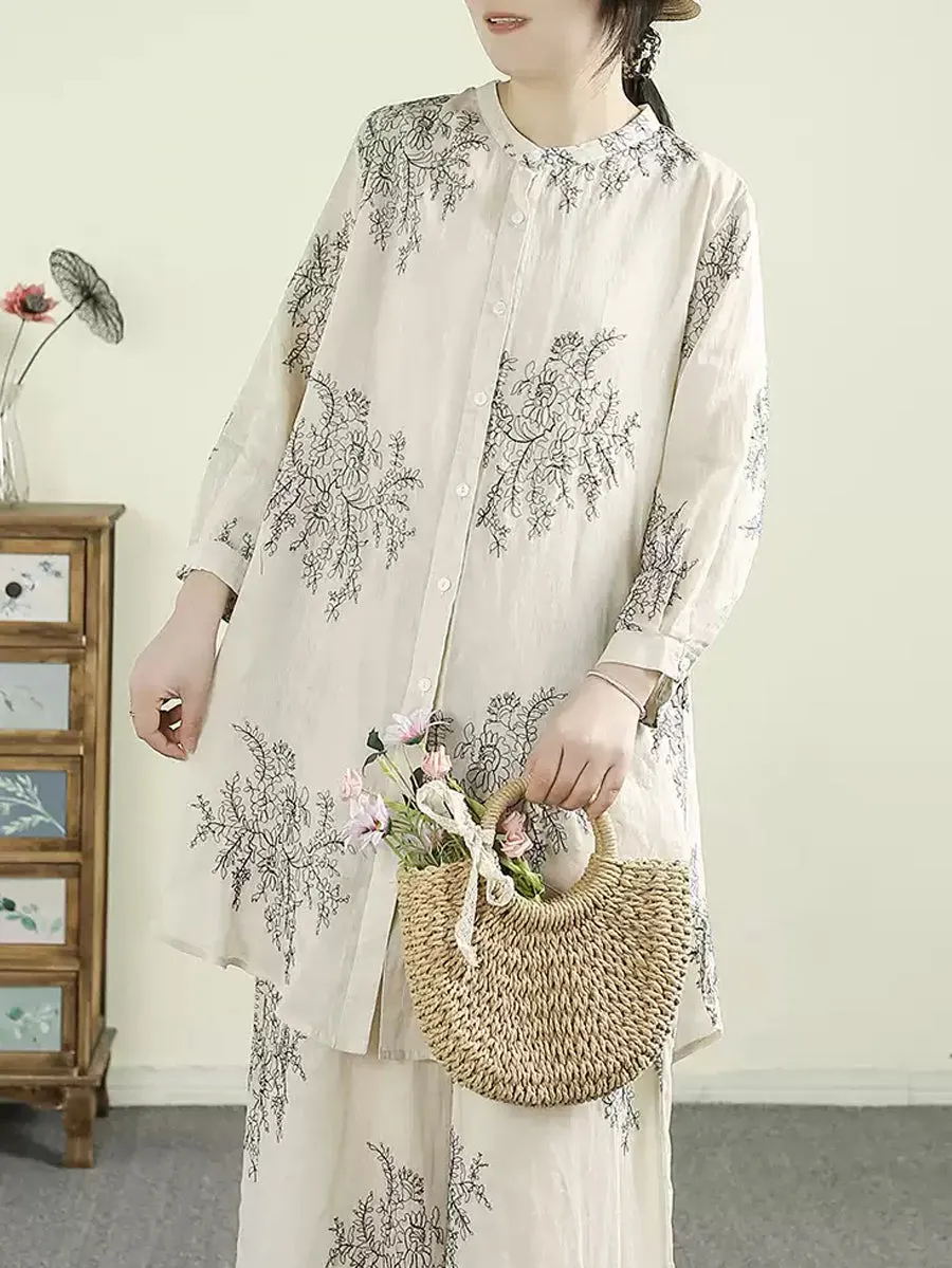 Women Artsy Spring Flower Stand Collar Shirt
