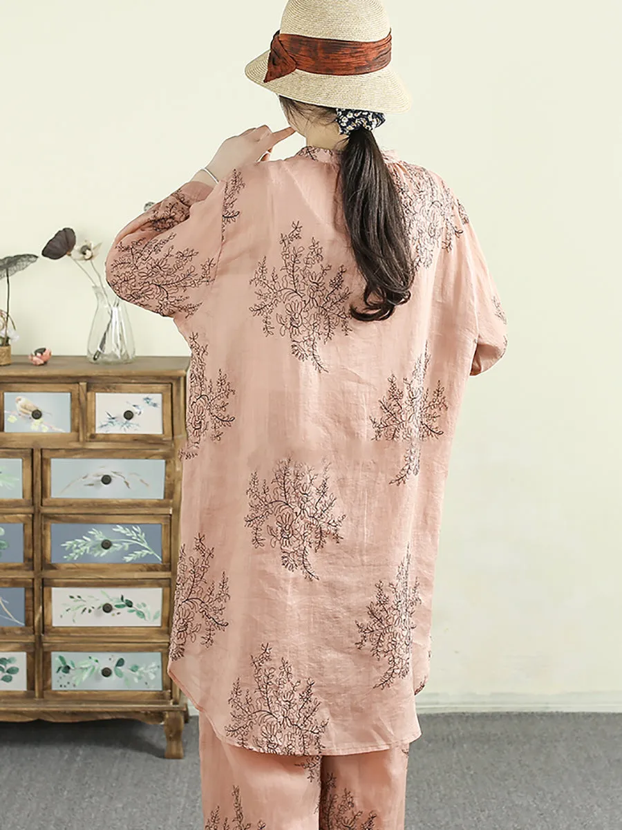 Women Artsy Spring Flower Stand Collar Shirt
