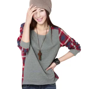 Women Casual Crew Neck Shirt Tops Plaids Check Blouse Long Sleeve Blouse