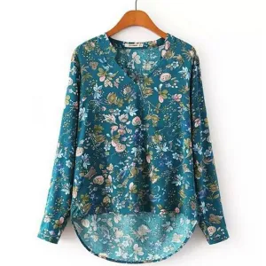 Women Clothing Fashion Loose Floral Print V Neck Women Tops Long Sleeve Casual Vintage Blouses Shirts Female