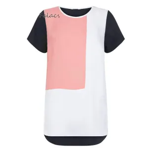 Women Fashion Casual Blouses Short Sleeve Patchwork O-Neck Plus 4XL Feminino
