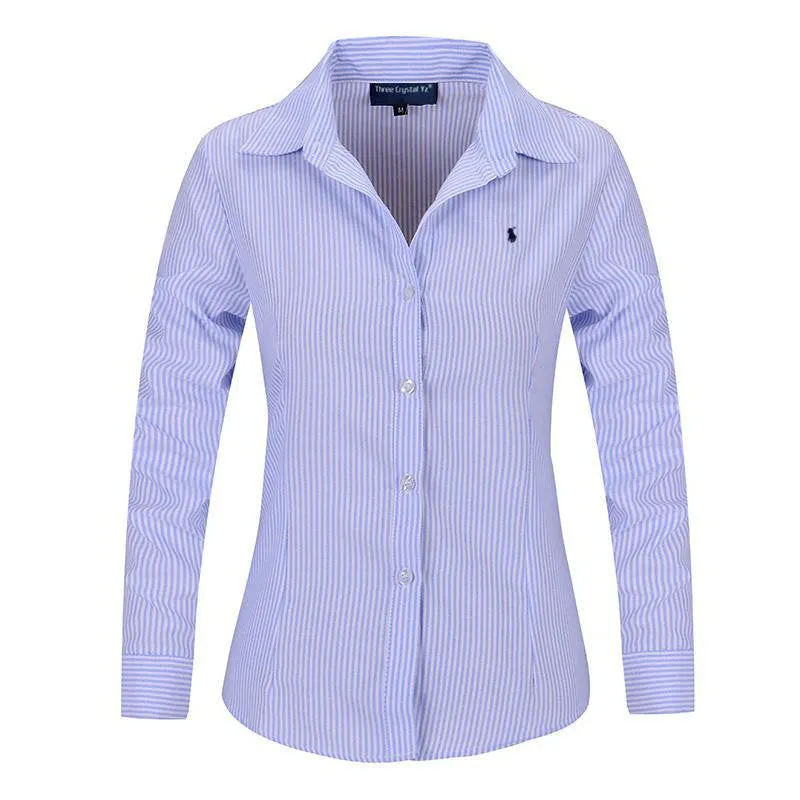 Women Long Sleeve Pure Color Striped Blouses Turn Down Collar Casual High Street Woman Fashion Shirts Feminino