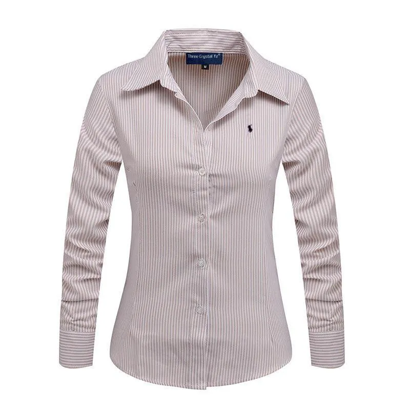Women Long Sleeve Pure Color Striped Blouses Turn Down Collar Casual High Street Woman Fashion Shirts Feminino