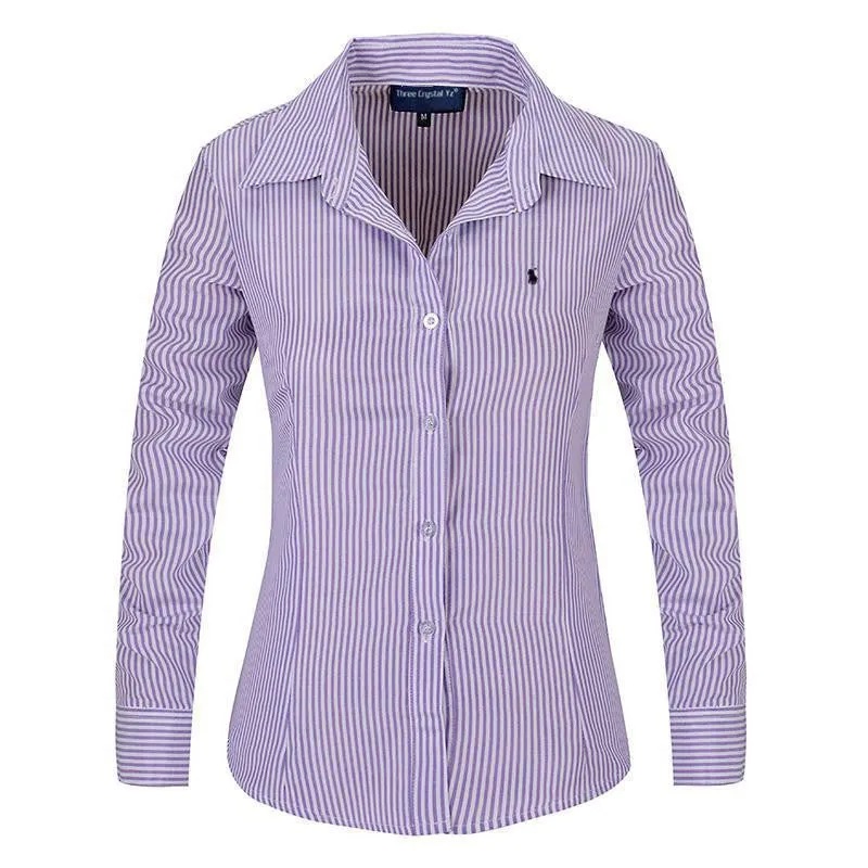 Women Long Sleeve Pure Color Striped Blouses Turn Down Collar Casual High Street Woman Fashion Shirts Feminino