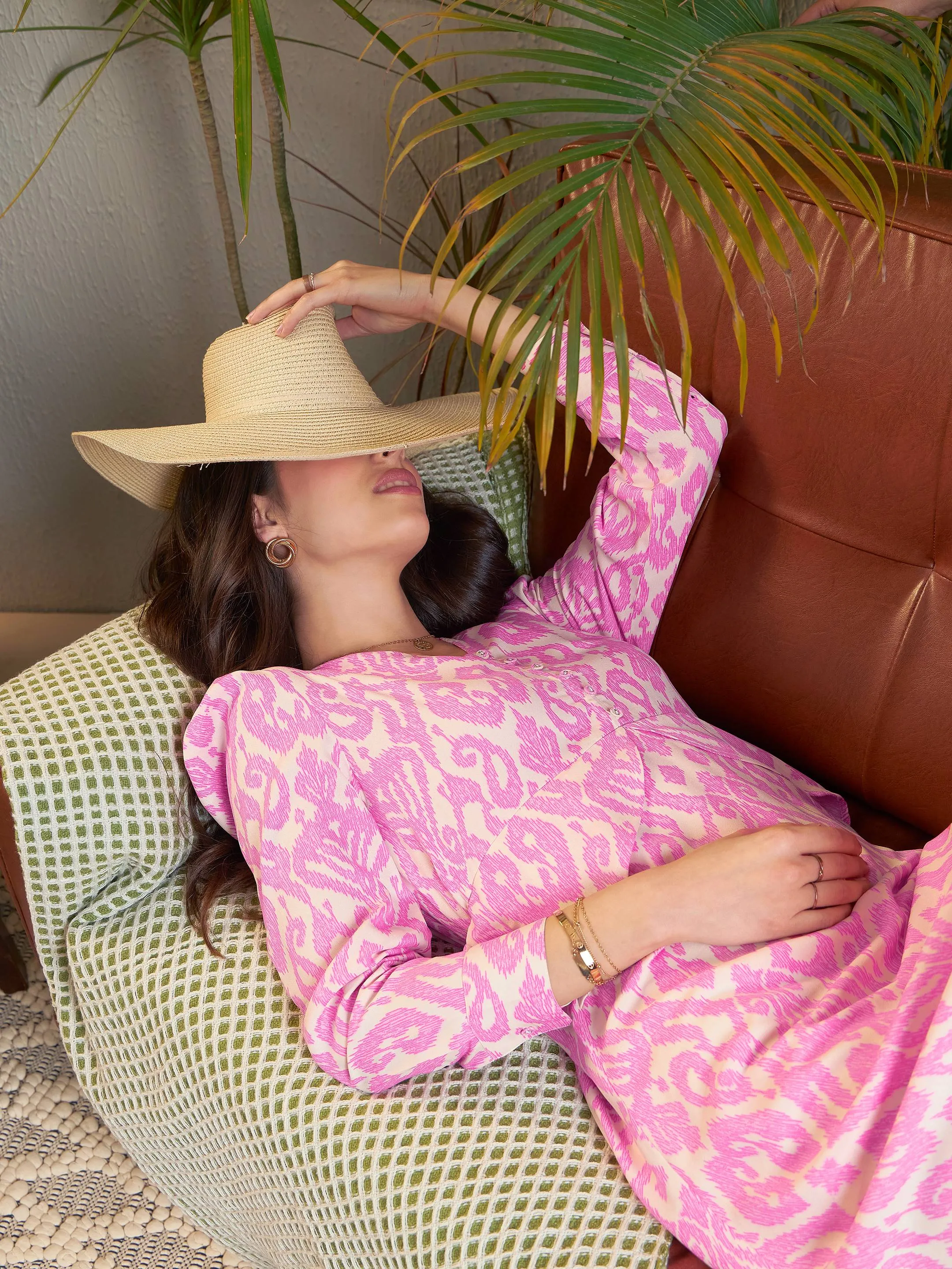 Women Pink Ikat Print Peplum Midi Dress