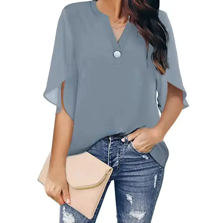 Women Short Sleeve Blouses Chiffon Tops Office streetwear fashion Shirts Solid Color Elegant Casual Fashion Ladies Clothes Blusas Mujer