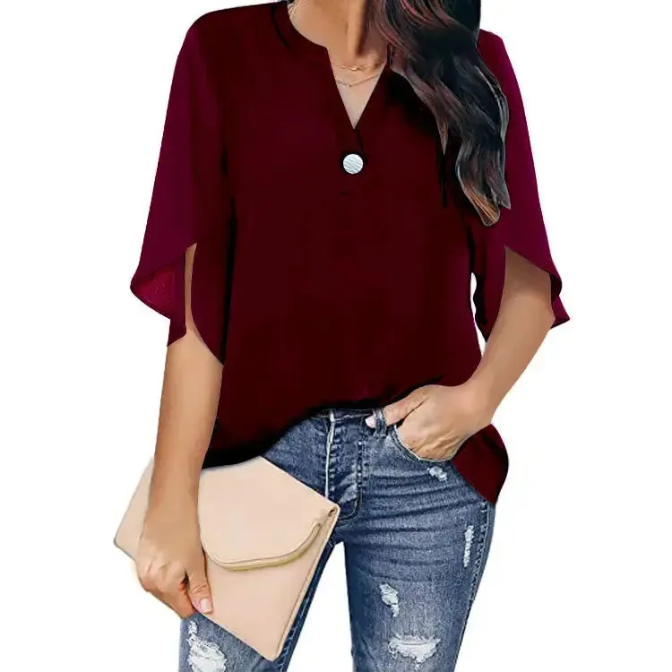 Women Short Sleeve Blouses Chiffon Tops Office streetwear fashion Shirts Solid Color Elegant Casual Fashion Ladies Clothes Blusas Mujer