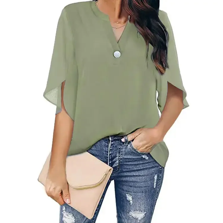 Women Short Sleeve Blouses Chiffon Tops Office streetwear fashion Shirts Solid Color Elegant Casual Fashion Ladies Clothes Blusas Mujer