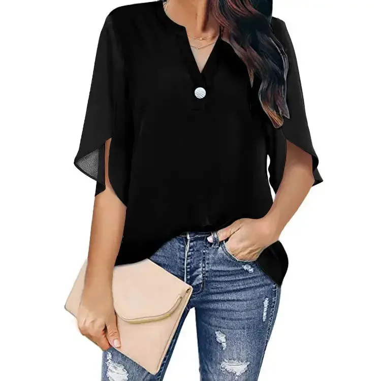 Women Short Sleeve Blouses Chiffon Tops Office streetwear fashion Shirts Solid Color Elegant Casual Fashion Ladies Clothes Blusas Mujer
