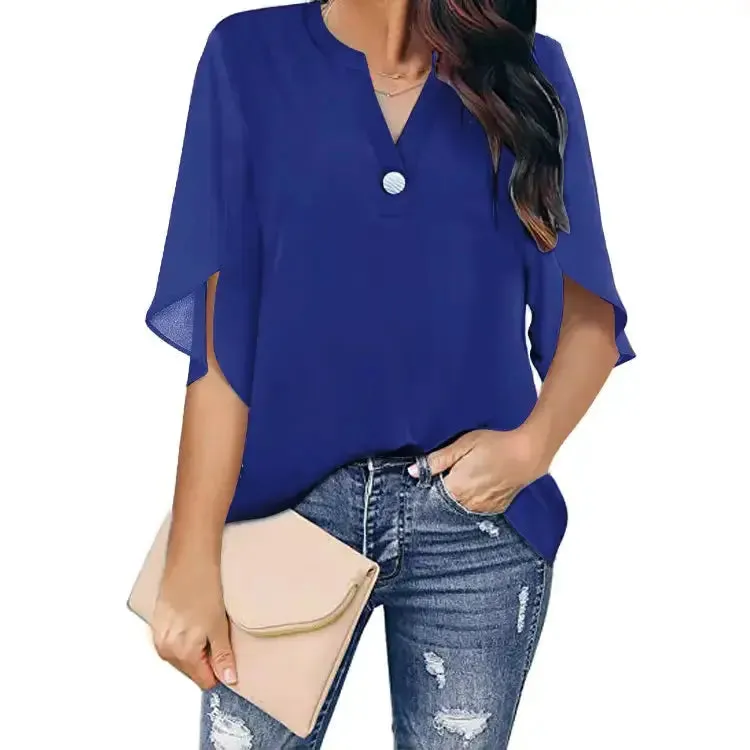 Women Short Sleeve Blouses Chiffon Tops Office streetwear fashion Shirts Solid Color Elegant Casual Fashion Ladies Clothes Blusas Mujer
