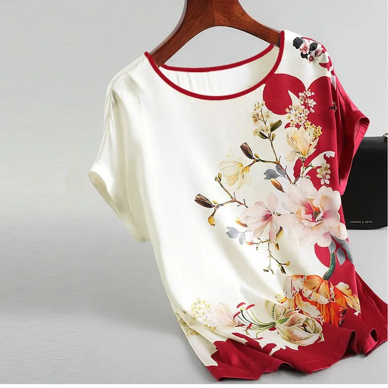 Women Silk Satin Plus Size Floral Blouse