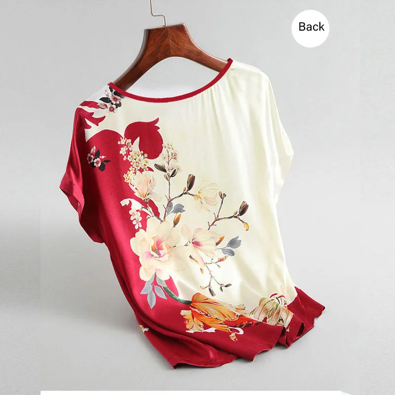 Women Silk Satin Plus Size Floral Blouse