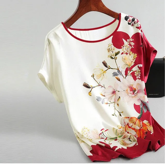 Women Silk Satin Plus Size Floral Blouse