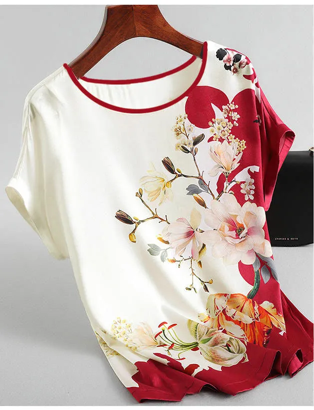 Women Silk Satin Plus Size Floral Blouse