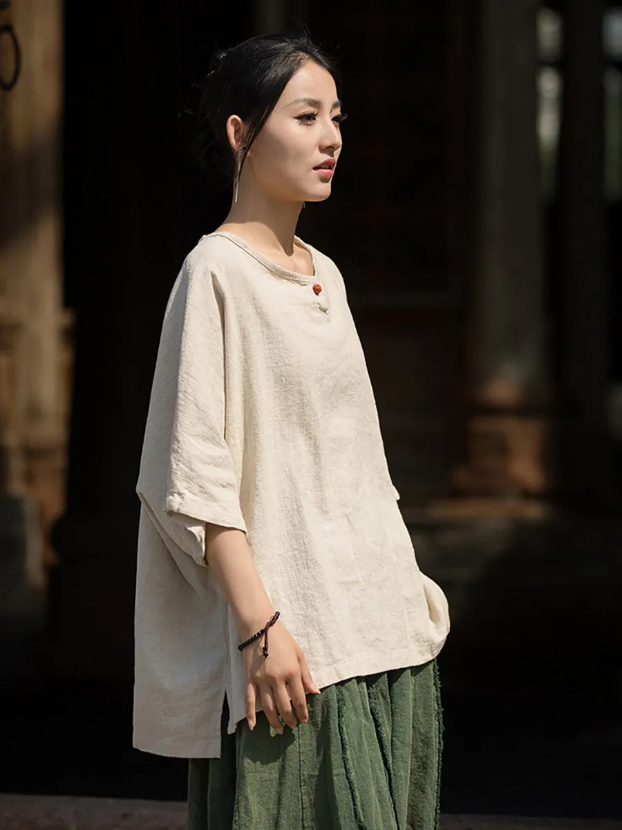 Women Summer Vintage O-Neck Solid Cotton Ramie Shirt