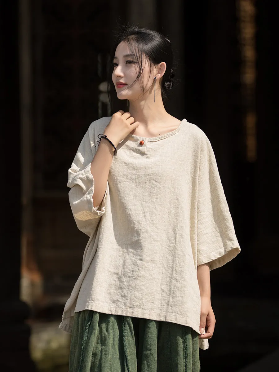 Women Summer Vintage O-Neck Solid Cotton Ramie Shirt